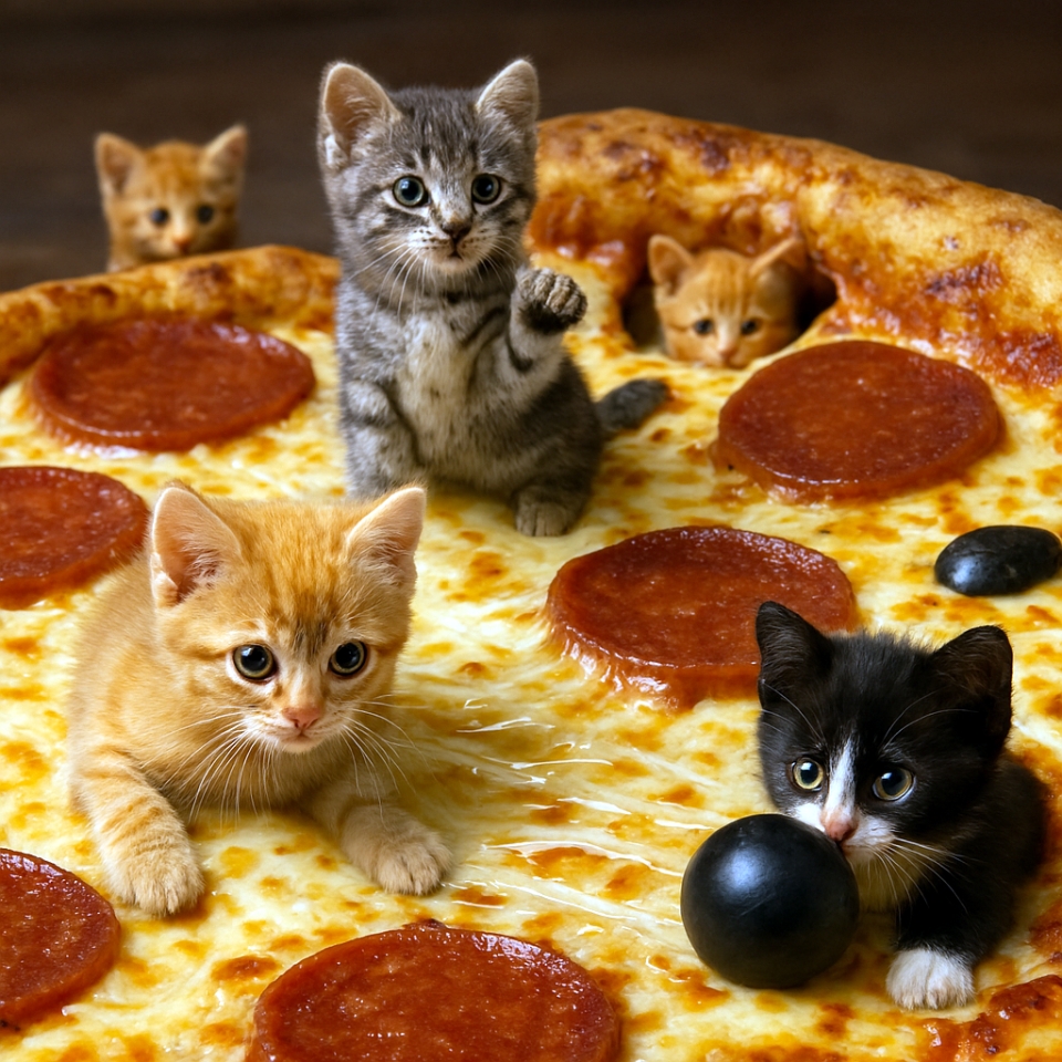 🍕 ピザの上のかくれんぼ〜Hyper-realistic diorama-style miniature photo of four tiny kittens playing on an oversized pepperoni pizza. Cheese stretches like a golden sea between toppings, pepperoni slices form “islands,” and one kitten peeks from behind a glossy black olive. Lighting is soft and even, with rich warm tones and intricate fur and food textures.