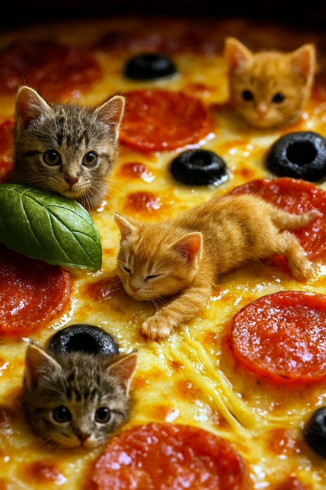 Hyperrealistic macro diorama of four miniature kittens playing on a giant pizza. Golden, bubbly melted cheese forms an “ocean” with glossy pepperoni “islands” and sliced black olive “caves.” A tabby kitten peeks from behind a veined green basil leaf, while an orange tabby stretches across a gooey cheese strand between two pepperoni slices. Another tabby peers from inside a hollow olive, and a fourth orange kitten hides behind a pepperoni slice. Warm oven light enhances the textures of fur, cheese, and toppings.