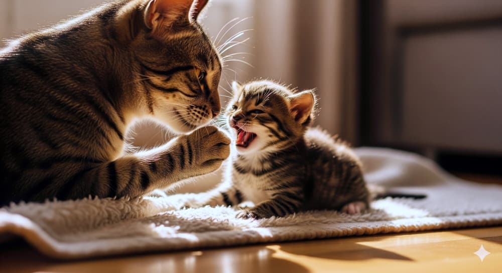 子猫をなだめる母猫(泣き止ませシーン)