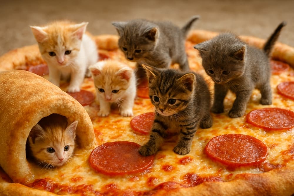 「ピザの大地と子猫の冒険 — チーズ平原とペパロニ丘を越えて」とろけるチーズの香りに包まれた大地で、子猫たちは今日も探検を続ける。クラストのトンネルは、秘密基地への入り口。