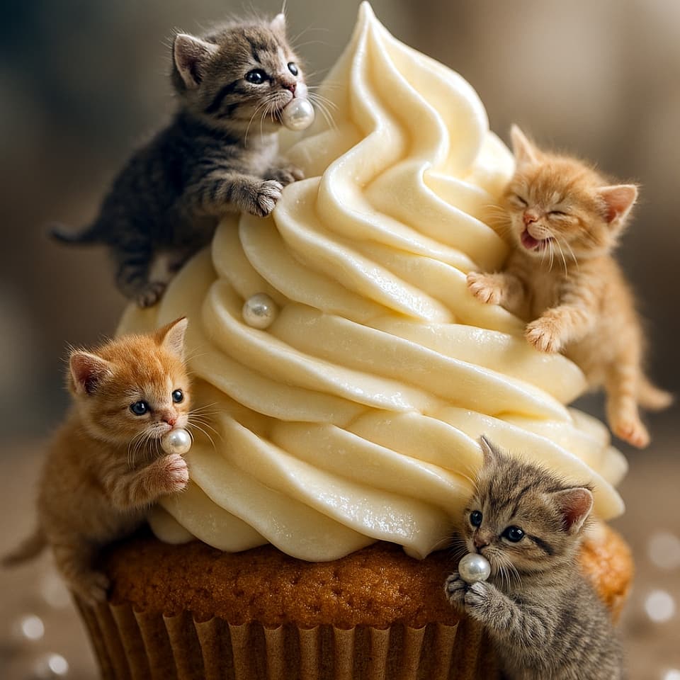 マイクロ子猫たちが巨大なカップケーキに登っている