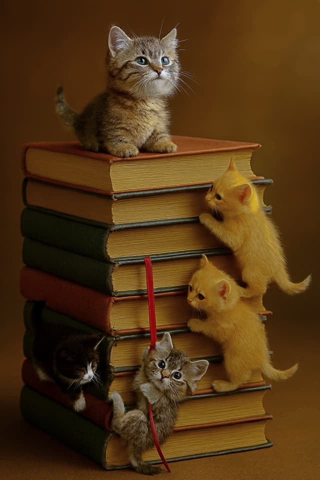 積み上げられた色とりどりの古書を舞台に、超小型の子猫たちが探検する様子。頂上で勇ましく立つキジトラ、赤いしおりリボンにぶら下がる子、背表紙をよじ登る茶トラやハチワレなど、柔らかな毛並みと温かな光が細部まで描かれている。Ultra-micro kittens exploring a towering stack of colorful vintage hardcover books, with one tabby standing proudly on top, another dangling from a red ribbon bookmark, and others climbing the spines, all bathed in warm, soft light that highlights their fluffy fur.