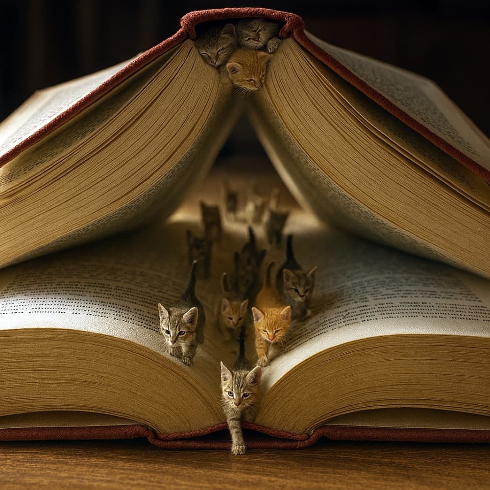 📚「ページ峡谷の子猫探検隊」Between the printed cliffs, pawsteps echo in silence — a paper world made for dreams.　Hyper-realistic miniature diorama of an oversized hardback book opened wide like a tent, forming a canyon between its cream-textured pages. Tiny kittens march single-file through the gap, while three nap curled in the deep crease of the spine. Warm, soft lighting highlights the paper fibers, leather binding, and the kittens’ varied fur patterns.