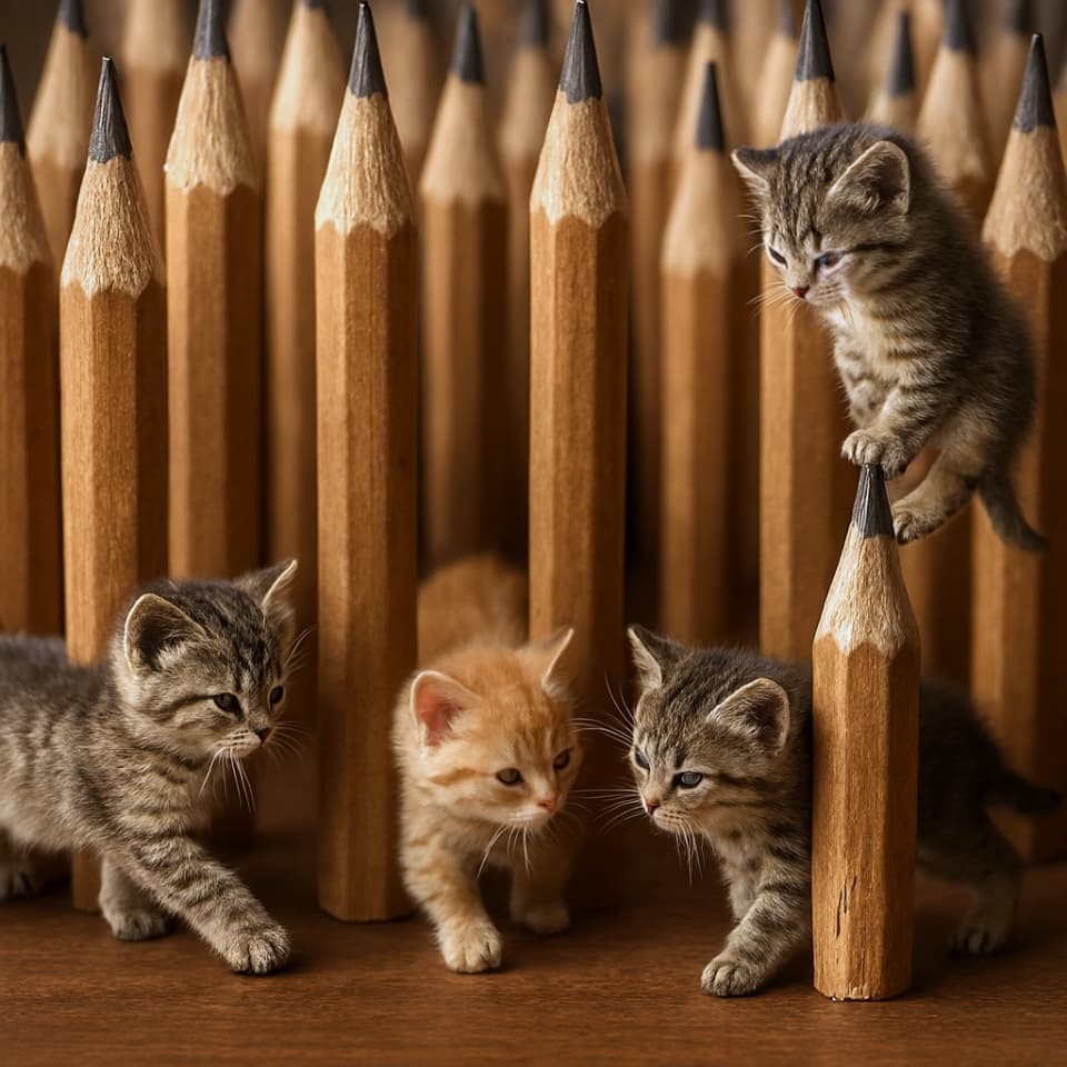Ultra‑photorealistic macro diorama of upright sharpened pencils arranged like a towering forest, with micro‑sized kittens weaving between the “tree trunks,” scratching the wood, and one balancing delicately on a pencil tip, captured with shallow depth of field and warm, soft lighting.