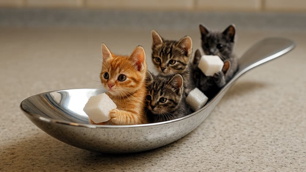 スプーンで川くだり(Teaspoon Boat Ride)Photorealistic miniature diorama of an oversized polished metal teaspoon on a light kitchen counter, filled with lifelike micro kittens pretending it’s a canoe, some carrying white sugar cubes as cargo, with soft natural lighting and high-detail reflections.