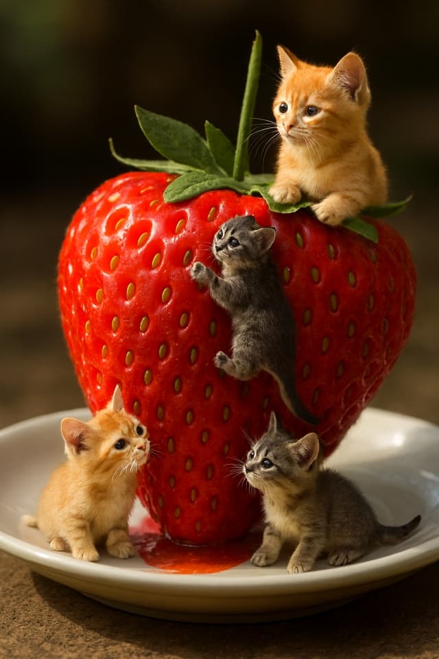 「いちご山の子猫探検隊」 / “Kitten Expedition on Strawberry Hill”Hyper‑realistic macro diorama of a giant ripe strawberry on a white plate, seeds the size of boulders, four tiny kittens climbing and licking the glossy red surface, one guarding the green leafy top like a flag post, soft natural lighting, rustic wooden table background.