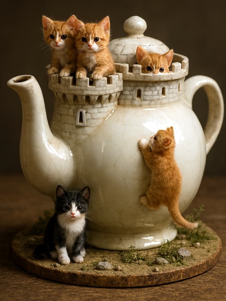 ティーポット城を守れ!(Teapot Castle)Photorealistic miniature diorama of an oversized porcelain teapot styled as a medieval fortress. Orange tabby kittens stand guard at the spout, one peeks from the lid’s battlements, another climbs the glossy curved wall, and a black-and-white kitten sits alert at the mossy base. Soft, diffuse lighting and warm earthy tones enhance the intricate textures.