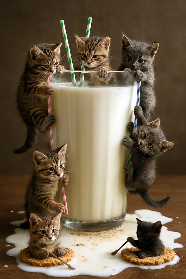 ミルク断崖を攻略せよ!(Glass of Milk Cliff)Ultra-realistic diorama of a tall, cylindrical glass of milk resembling a sheer white cliff, nearly brimming over. Four kittens cling to colorful striped straws dangling from the rim, their tiny bodies stretched and tails curling. Below, spilled milk forms a shallow pool where two kittens paddle crumb rafts with twig oars. Warm, natural lighting highlights the kittens’ fur textures, the glass’s smooth surface, and the floating cookie crumbs, set against a softly blurred brown backdrop.