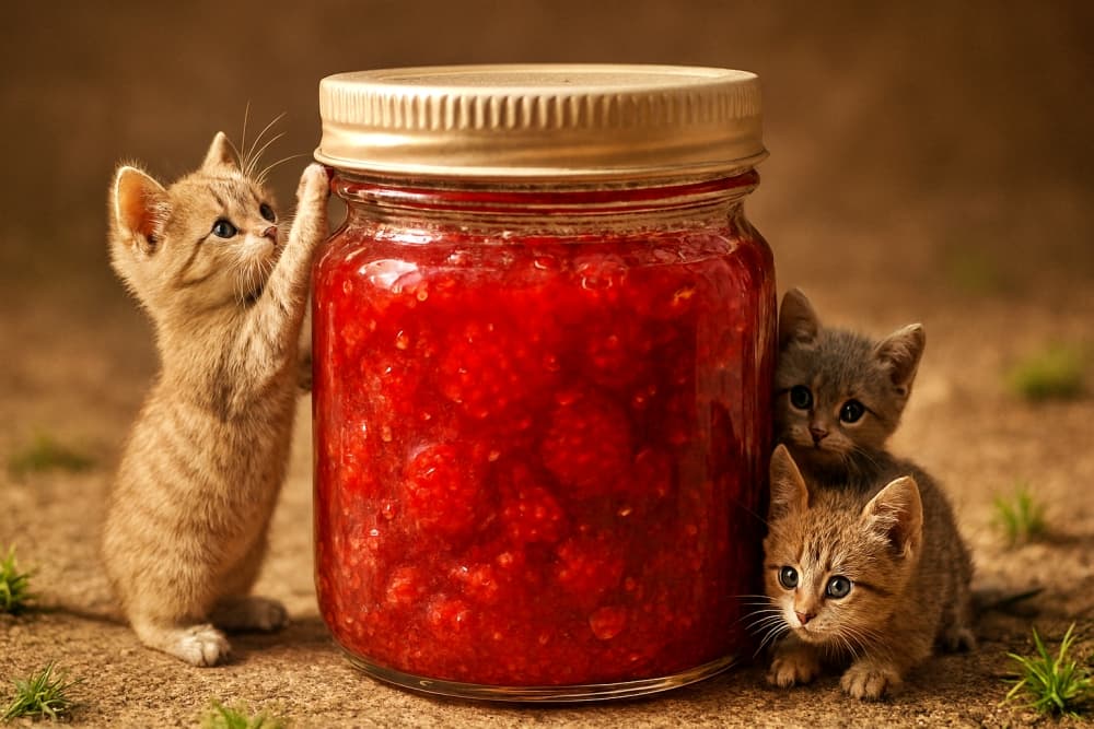 「ジャム瓶のかくれんぼ大作戦!」大きなジャム瓶は、ちび子猫たちにとって最高の遊び場。フタに手を伸ばす子、そっと覗く子…甘い香りとドキドキが広がる午後。いちご色の秘密基地。フタの向こうに甘い冒