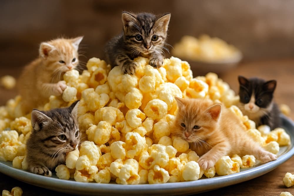 🍿「ポップコーン山の子猫探検隊」ふわふわの丘をすべり降り、黄金の粒をかじる。小さな冒険は、皿の上で永遠に続く。