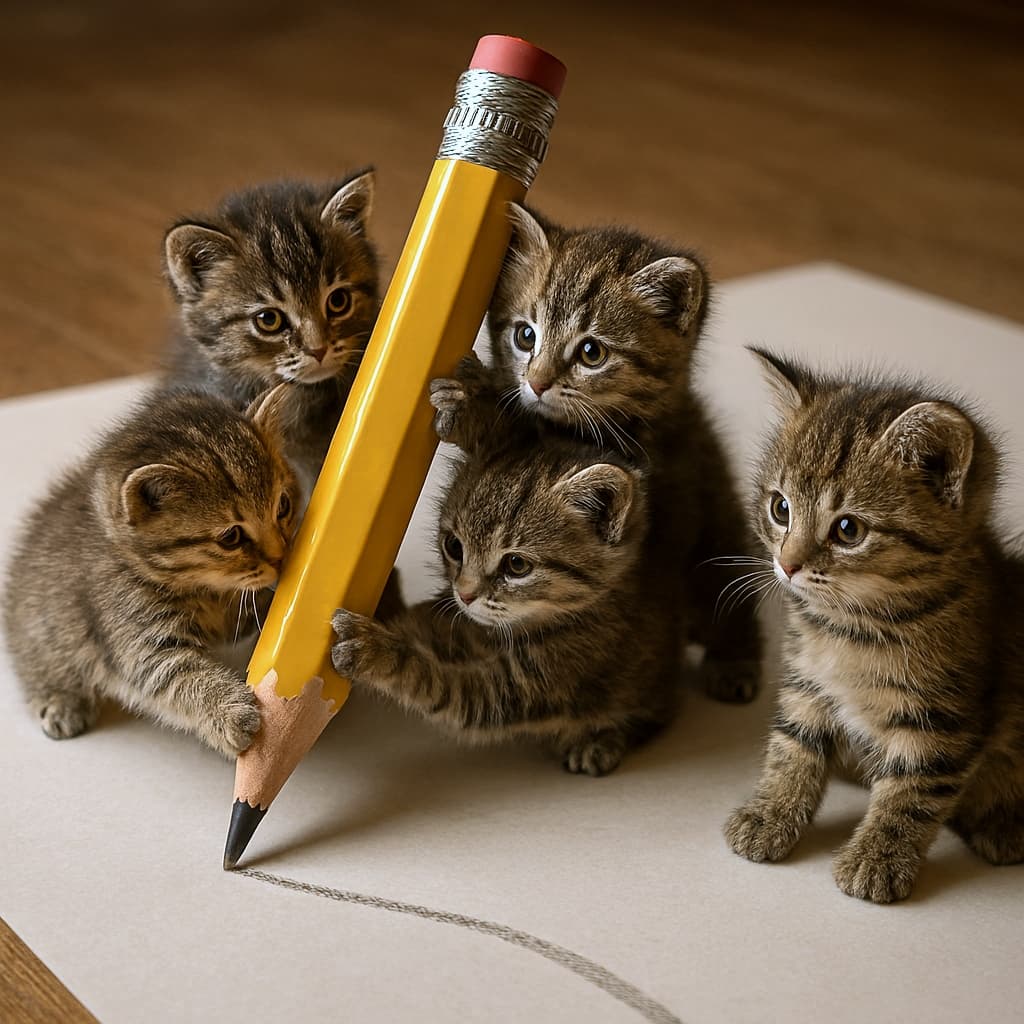 巨大鉛筆で絵を描く子猫たち