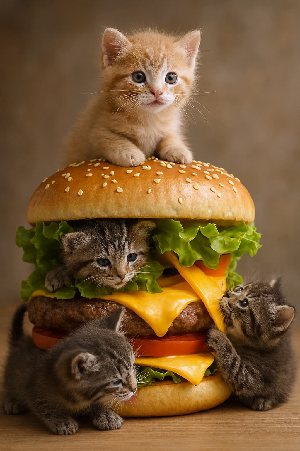 巨大ハンバーガーで遊ぶ子猫たち