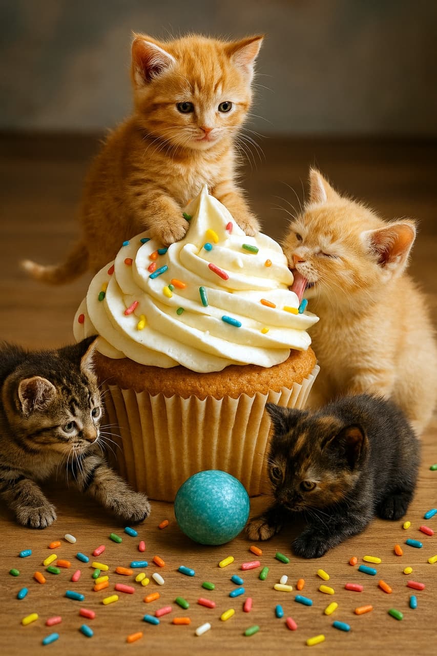 Photorealistic image of five tiny kittens playing around an oversized cupcake on a wooden floor. One ginger kitten perches atop the white-frosted cupcake, two kittens (a gray tabby and a tortoiseshell) roll a large blue-green sprinkle, a brown tabby bats at the cupcake’s paper wrapper, and a cream-colored kitten licks the frosting. Colorful sprinkles are scattered across the floor, with soft natural lighting and a cozy, playful atmosphere.