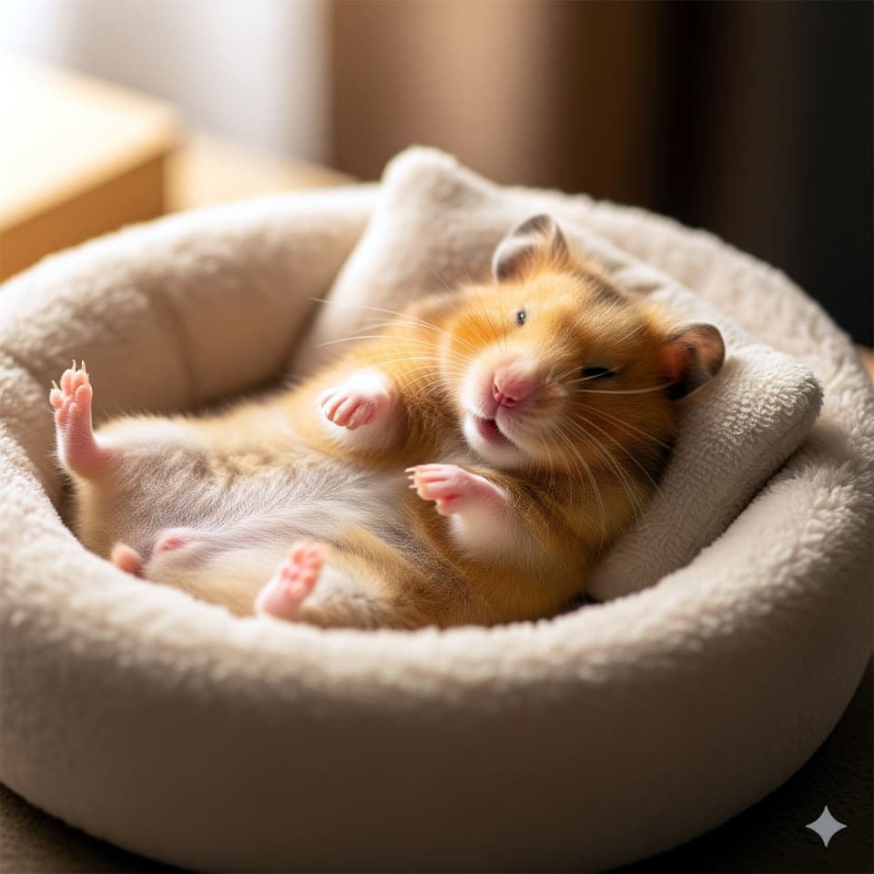 ふわふわベッドでお昼寝中のハムスター