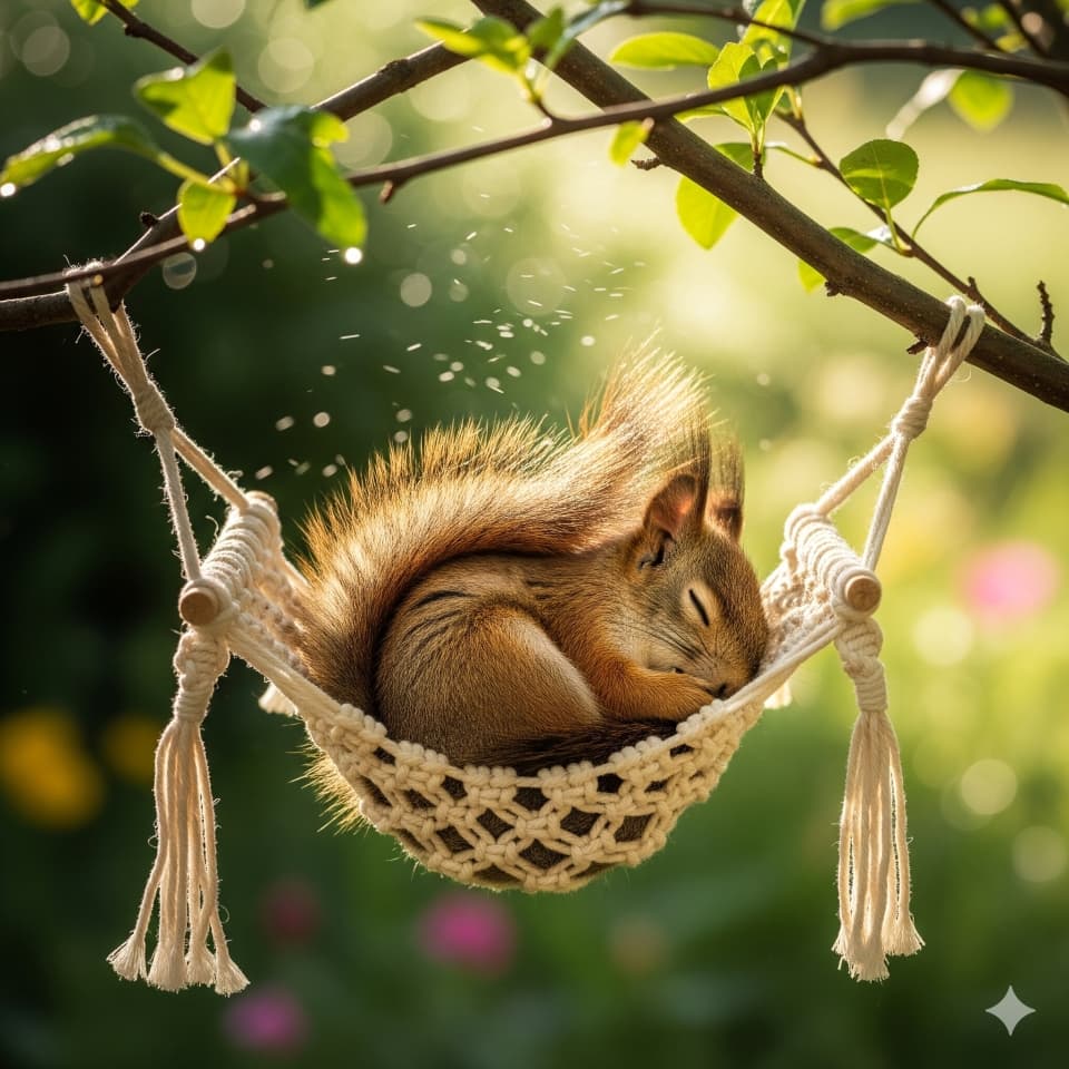 ブランコで揺れながら眠るリス