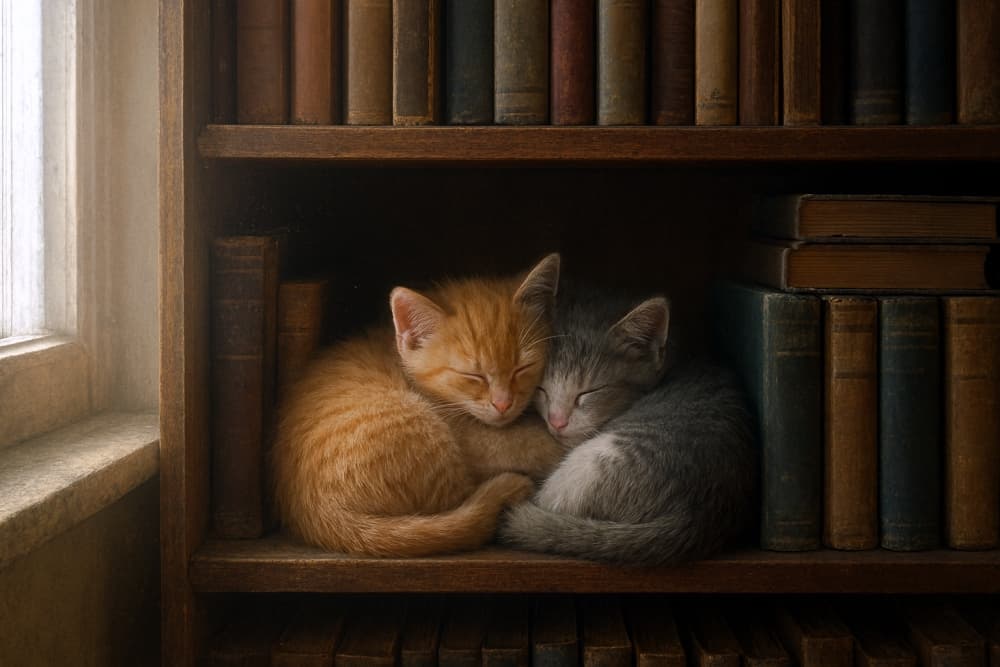 「午後の本棚に眠る子猫たち」Between stories and sunlight, they dream in silence.　Two kittens curled up together on a wooden bookshelf between stacks of old books, bathed in soft afternoon light with visible dust motes in the air.