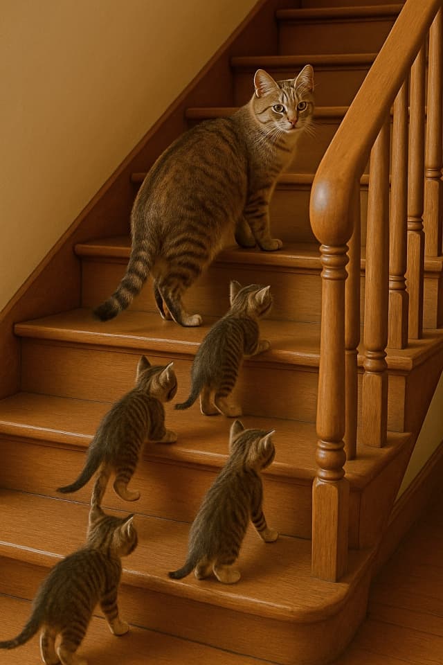 階段を登る母猫と子猫たち Mother Cat's Guidance