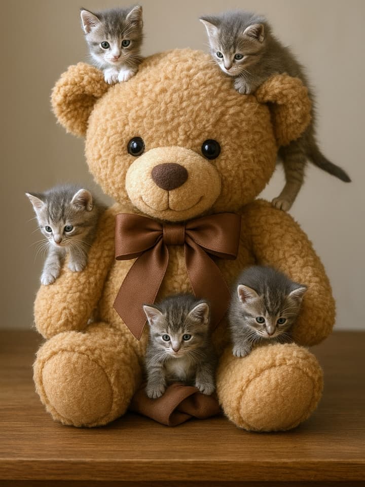 くまのぬいぐるみと子猫たち