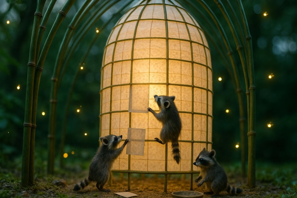 Miniature Raccoons Decorating Lantern