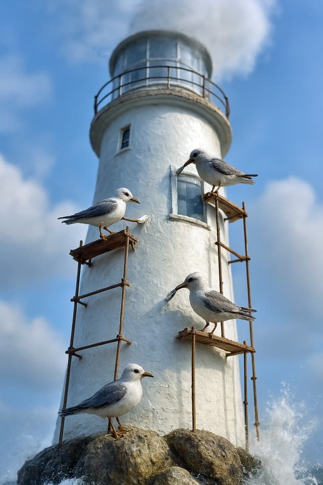 海鳥たちの灯台塗装作業