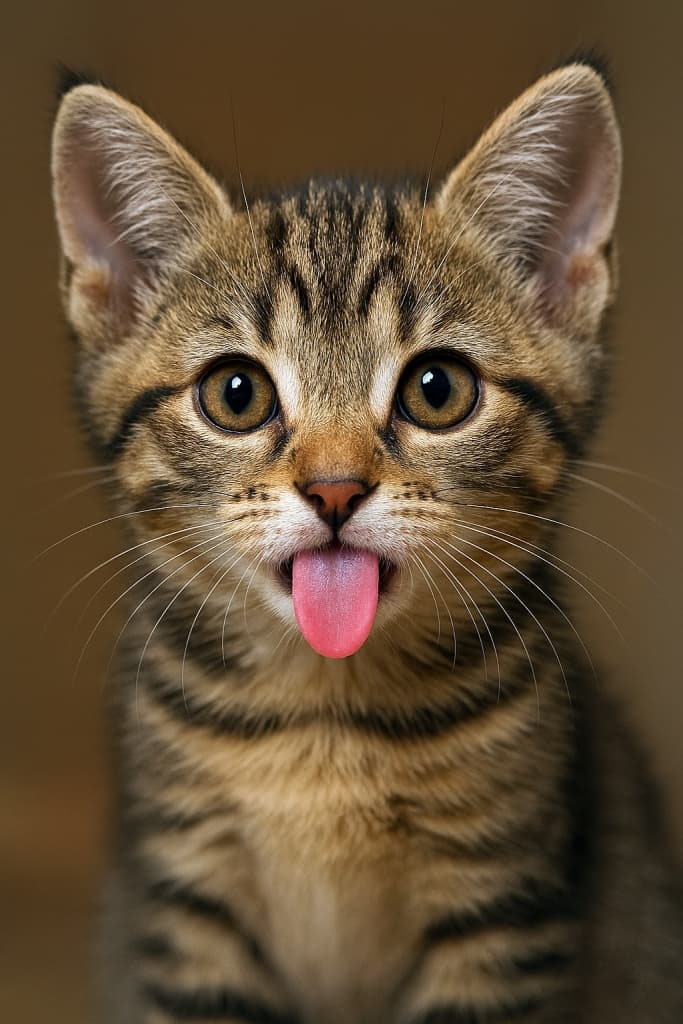 「ぺろりん子猫アップ！」“A tiny tongue, a fleeting moment—innocence caught in golden eyes.”　Close-up photo of a playful tabby kitten sticking out its tongue, high-resolution, realistic fur detail / 高解像度のリアルな毛並みで舌を出す遊び心いっぱいの子猫のアップ写真