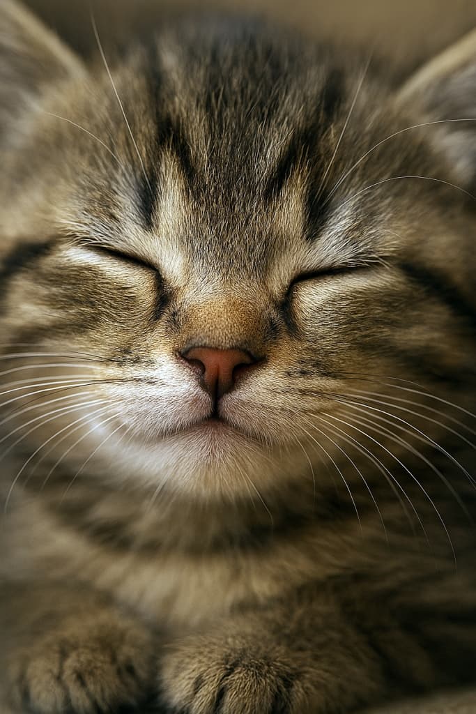 すやすや夢見る寝顔アップ“In the hush of slumber, even the smallest whisker tells a story of peace.”　Ultra-detailed close-up photo of a sleeping kitten’s relaxed face, eyes closed, photorealistic fur and whiskers. 超精細なクローズアップ写真。眠る子猫のリラックスした顔、閉じた瞳、写実的な毛並みとひげ
