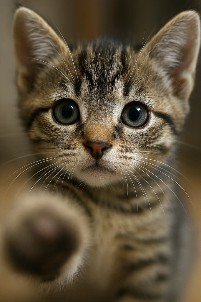 前足ボケ込みの顔アップ　“A curious gaze framed by whiskers, with a paw reaching softly into the blur of wonder.”　Ultra-realistic close-up of a kitten’s face with blurred paw in foreground, high detail, soft natural lighting.　子猫の顔を超リアルにクローズアップした写真。前景にぼかされた前足、自然光で毛並みが際立つ