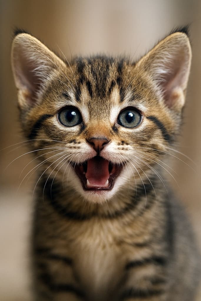 「にゃんこの半開きメロディ」A tiny voice, paused between silence and song, eyes wide with wonder, whiskers trembling along.　High-resolution close-up of a tabby kitten mid-meow, mouth half open, photorealistic detail of fur, whiskers, and blue eyes. / タビー子猫が鳴き声をあげる瞬間をとらえた高解像度クローズアップ、半開きの口、ひげや青い瞳まで写実的に描写