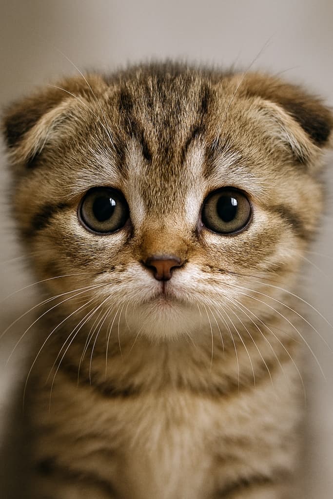 「まんまる瞳のスコティッシュフォールド」"In the quiet glow, her folded ears frame a gaze that holds the whole world in amber light."　High-resolution close-up of a Scottish Fold kitten’s face with folded ears, photorealistic detail, amber eyes, soft fur.　スコティッシュフォールドの子猫の顔を高解像度でクローズアップ。折れた耳、大きな琥珀色の瞳、柔らかな毛並みが写実的に描かれている。