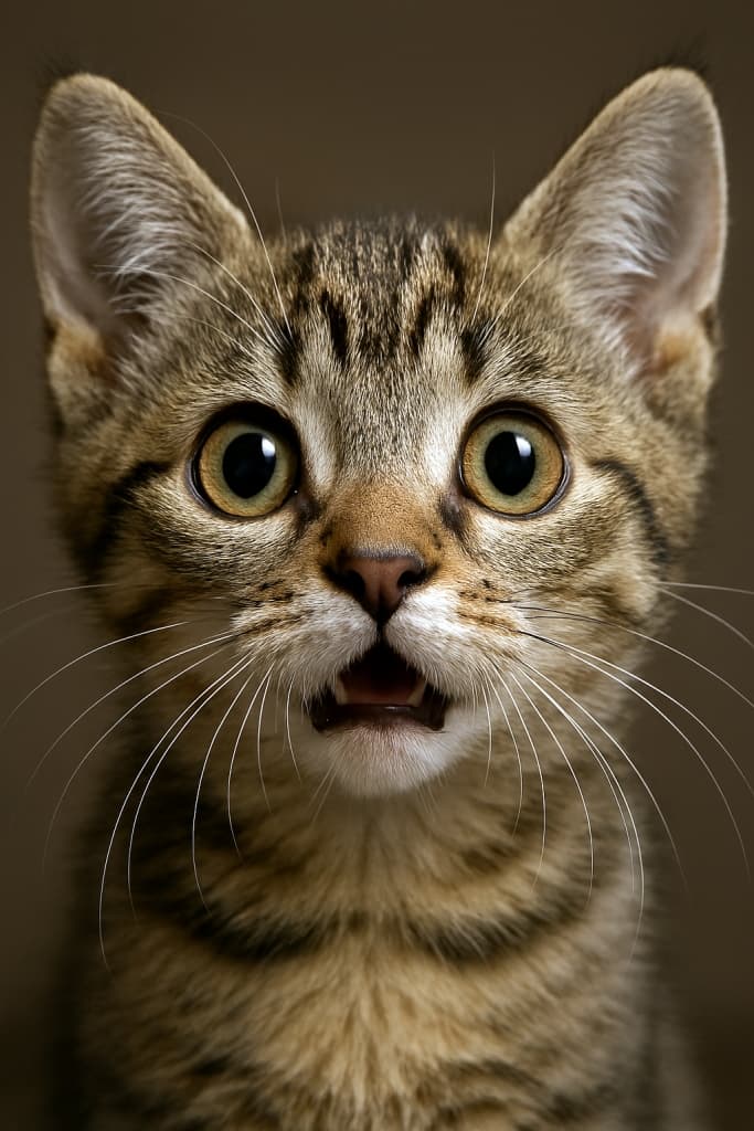 「びっくりおめめの子猫アップ！」フォトリアルな子猫の顔アップ。驚いたように大きく見開いた金色の瞳、繊細な毛並み、柔らかな光　Photorealistic close-up of a kitten’s face with wide, surprised golden eyes, detailed fur, and soft lighting.