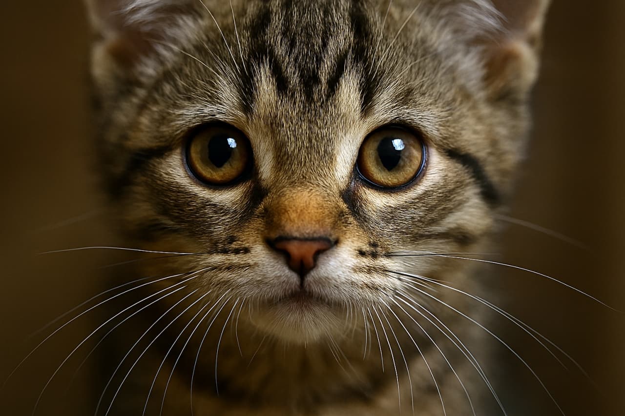 「子猫の瞳に映るのは、まだ知らぬ世界。ひげは未来へと伸びていく。」“In the kitten’s eyes lies a world yet unseen, its whiskers reaching toward the future.”