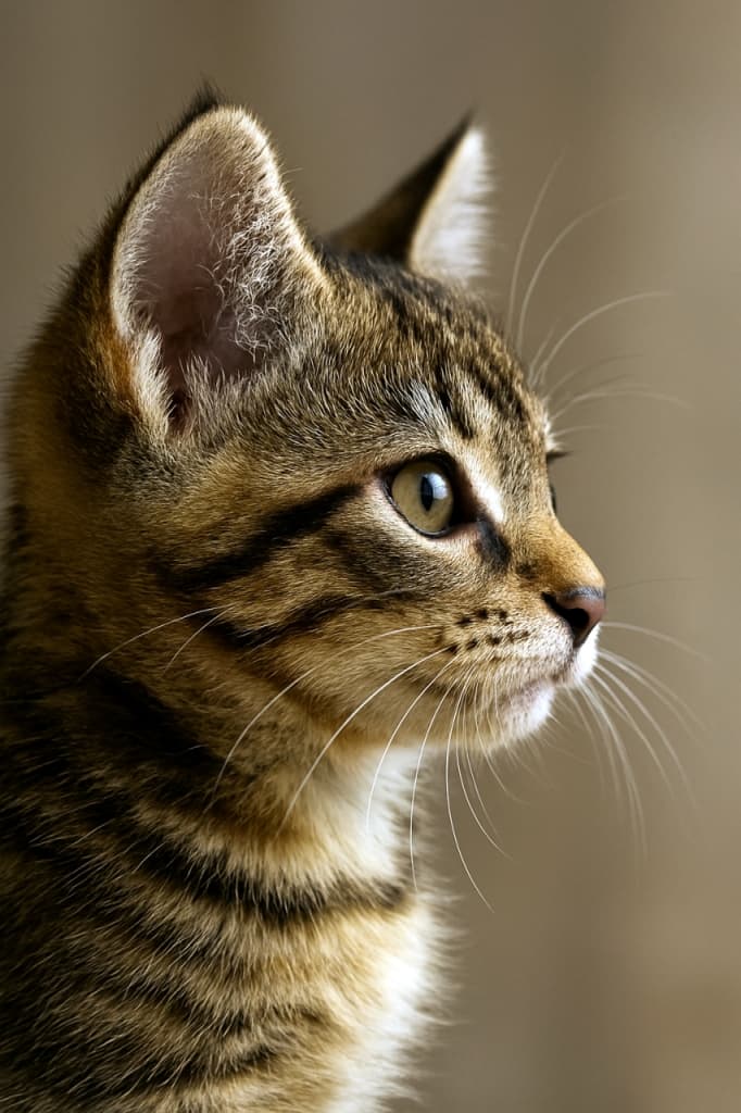 “In the quiet curve of its profile, the world pauses — a single gaze holding the softness of eternity.”　Photorealistic close-up side profile of a tabby kitten, sharp focus on eye, whiskers, and fur details against a soft beige background.　子猫の横顔を高解像度で写した写真。毛並みやひげ、黄金色の瞳が鮮明に描かれ、背景は柔らかなベージュ色でぼかされている