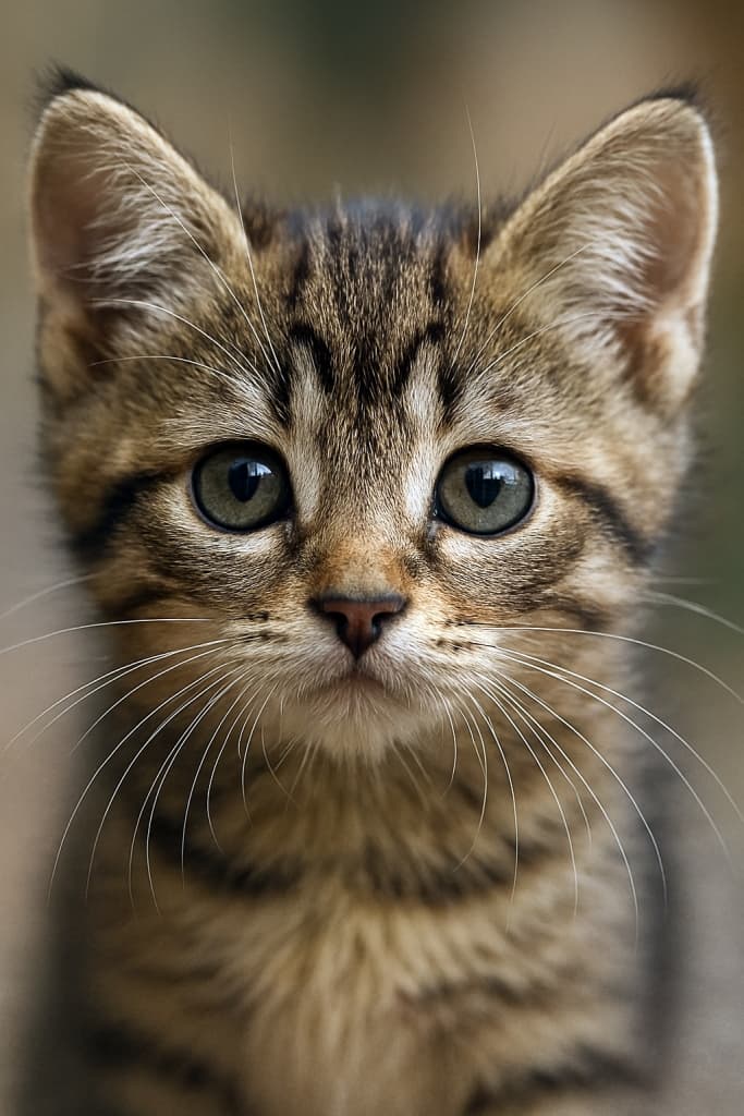 背景ふんわりボケの顔アップ　“In the shimmer of its gaze, the whole world feels gentle.”　Ultra-detailed close-up photo of a kitten’s face with sharp whiskers, greenish-brown eyes, and a blurred warm-toned background.超精細な子猫の顔のクローズアップ写真。ひげや緑がかった茶色の瞳が鮮明で、背景は暖色系にぼかされている　