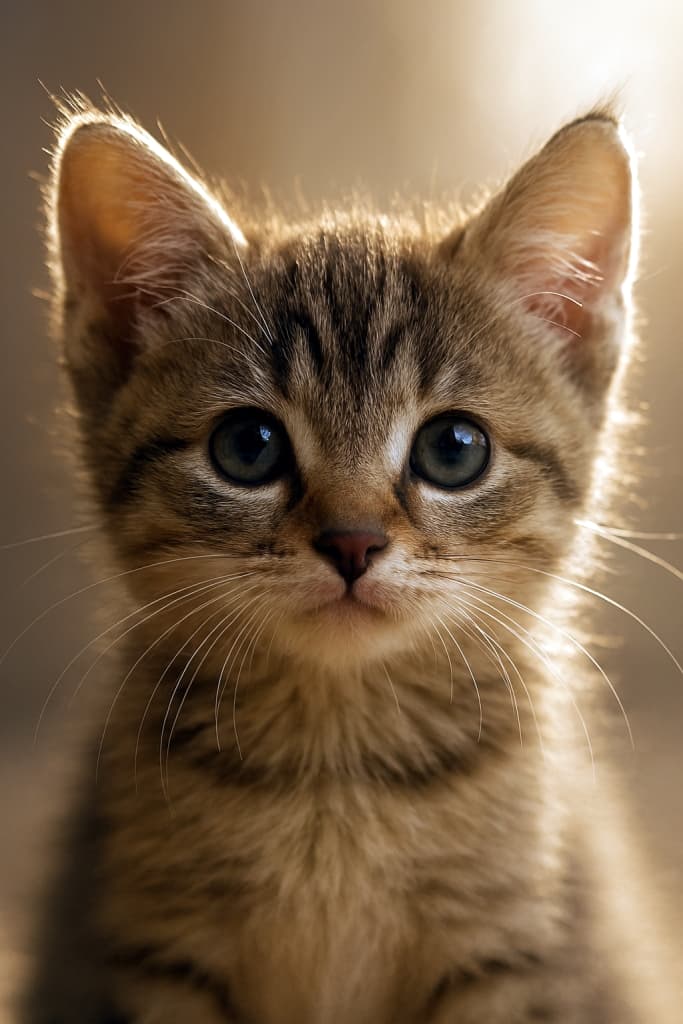 きらめく子猫のまなざし　“Bathed in golden light, the kitten’s eyes hold a quiet universe—soft whiskers glowing like threads of dawn.”　High-resolution close-up of a kitten’s face with soft golden backlight, photorealistic detail of fur, whiskers, and eyes.
