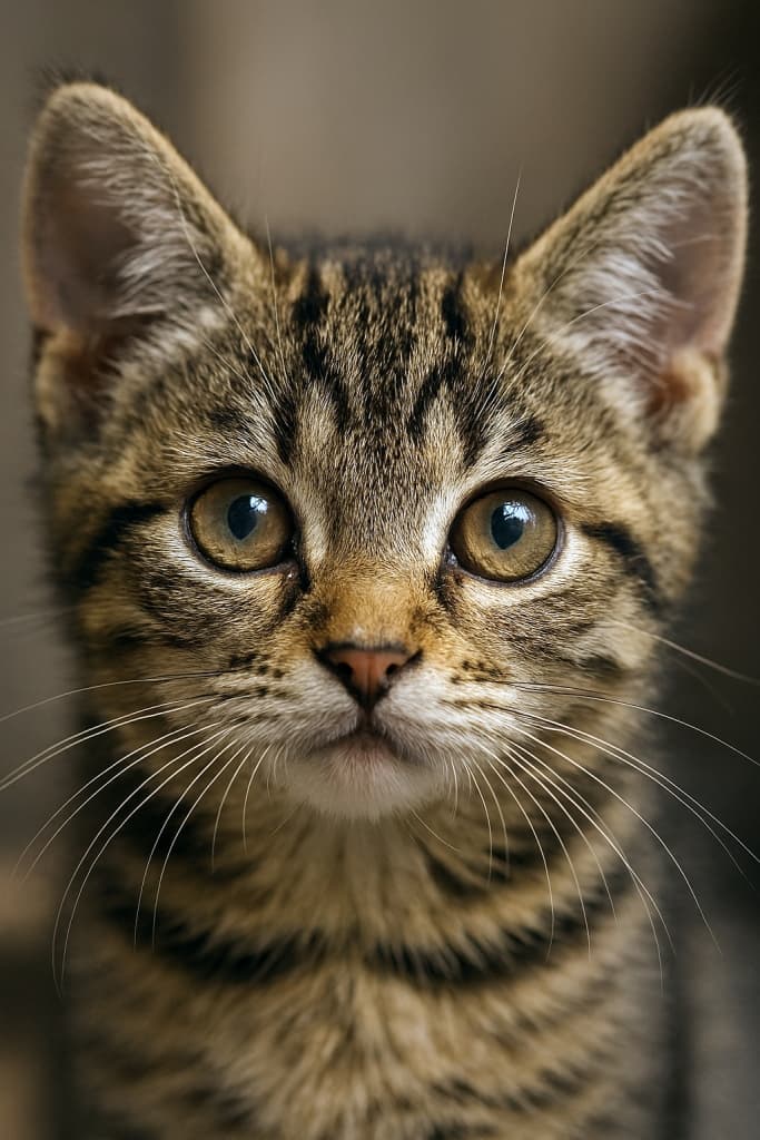 "A single ear drifts into softness, while the eyes hold the world in crystal clarity."　Close-up photo of a kitten’s face, ultra-detailed fur and golden eyes, with one ear intentionally out of focus for depth — 子猫の顔のクローズアップ写真、毛並みと瞳が超精細に描写され、片方の耳が意図的にぼかされて奥行きを演出