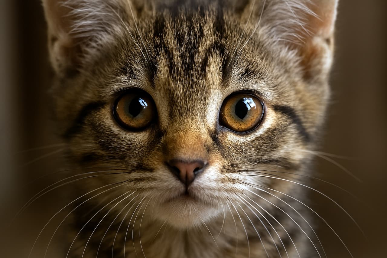 瞳に光を宿すキラキラショット　High-resolution close-up of a kitten’s face with light reflecting in its amber eyes, photorealistic detail of fur, whiskers, and soft tabby markings.