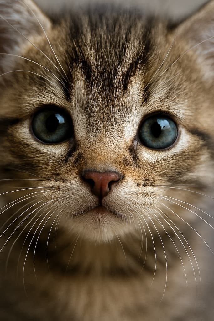鼻がフレーム端にタッチ！　Ultra-detailed close-up photo of a kitten’s face with its pink nose touching the edge of the frame, showing tabby fur, blue-green eyes, and delicate whiskers in photorealistic detail.