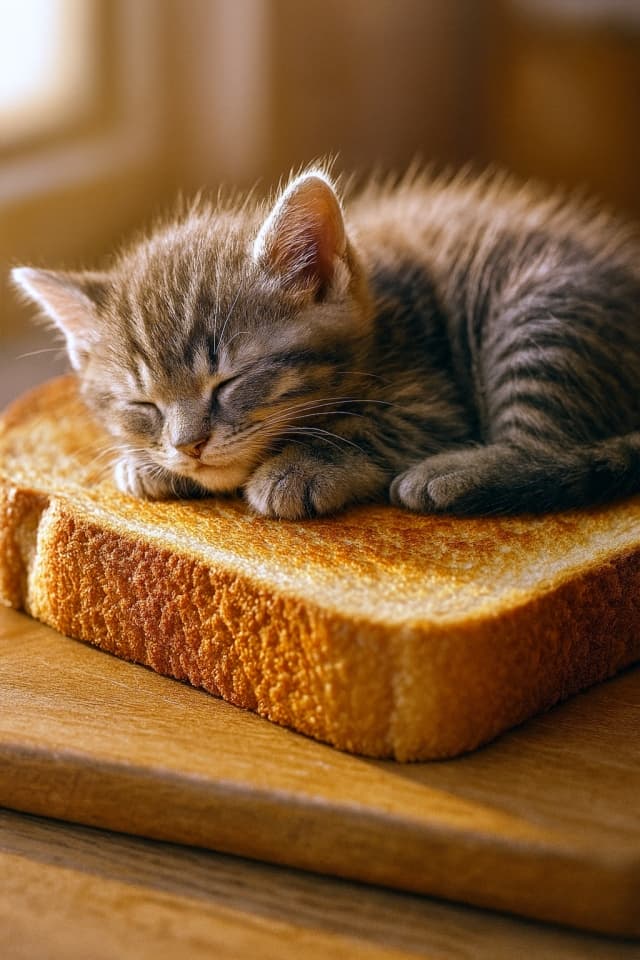 大きなトーストの上で眠る子猫