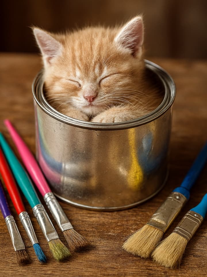 開いたペンキ缶の中で眠る子猫