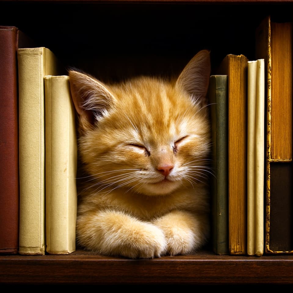 本棚のすき間、本の上でうとうと眠る子猫