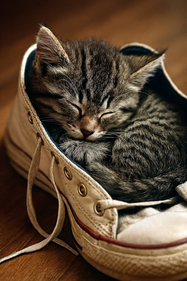 スニーカーの中で丸くなって眠る子猫