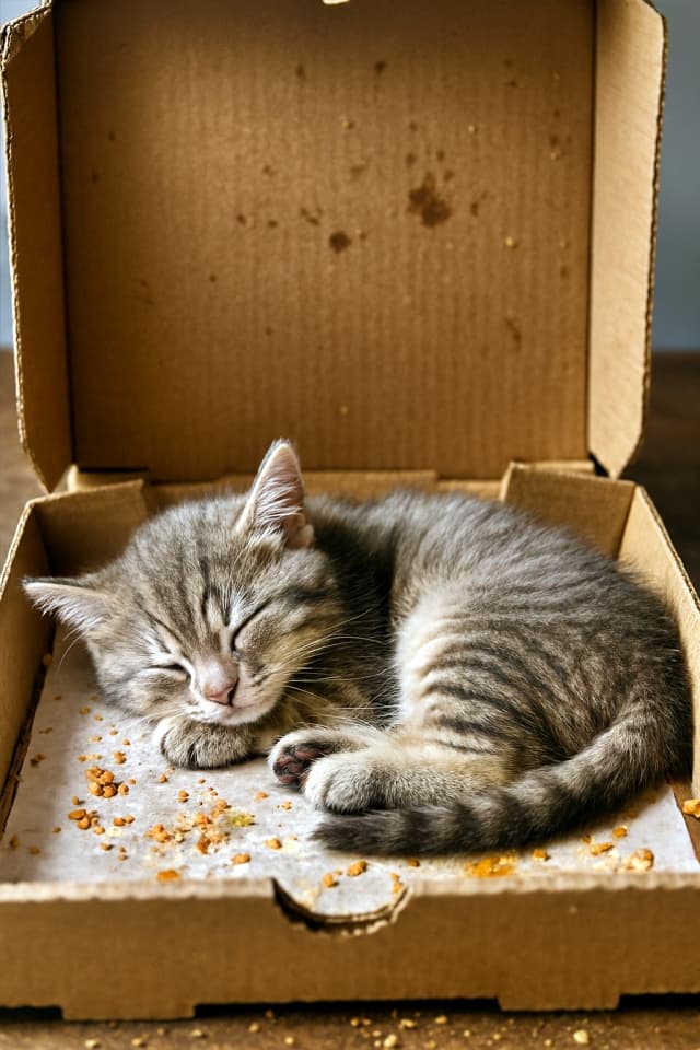 開いたピザの箱の中で眠る子猫