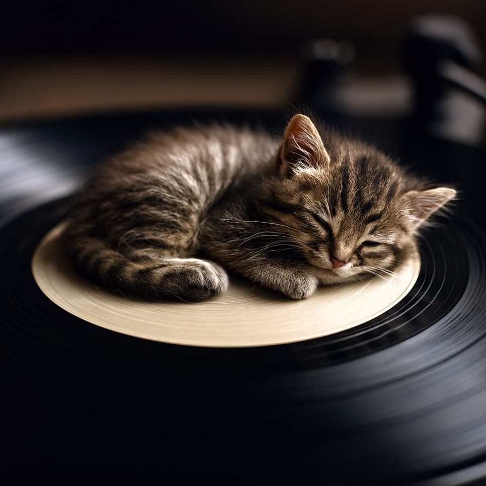 ゆっくり回るレコードの中央で眠る子猫