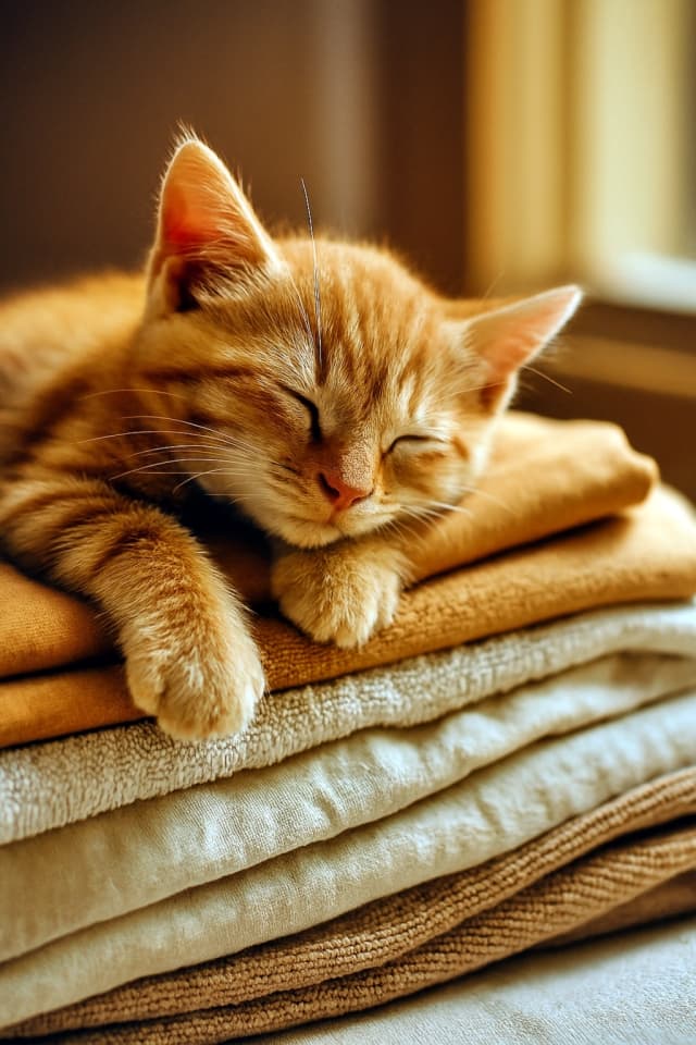 たたんだばかりの洗濯物の上で眠る子猫