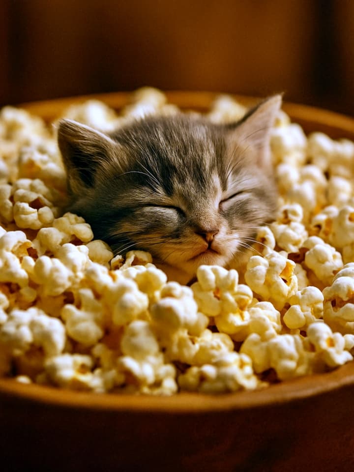  ポップコーンの山に埋もれて、顔だけ出して眠る子猫