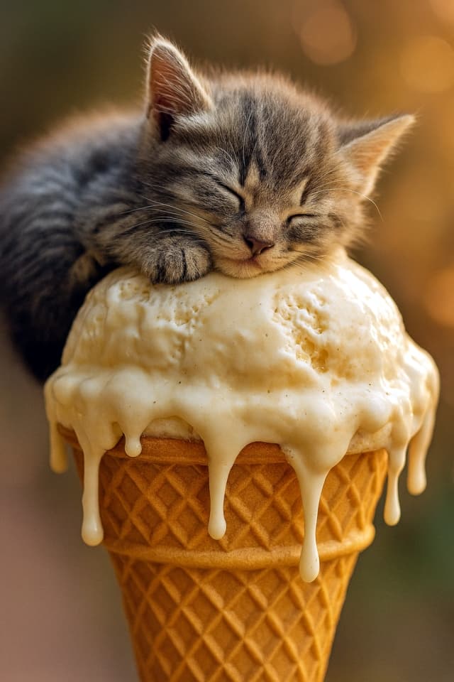 コーンの上で溶けかけたバニラアイスの上に眠る子猫