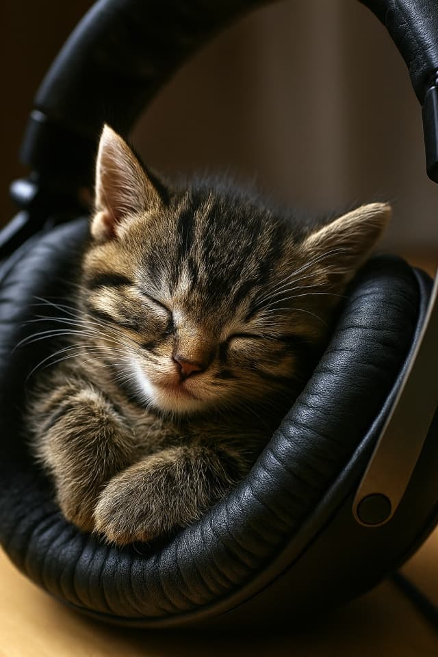 大きなヘッドフォンの耳あて部分で眠る子猫