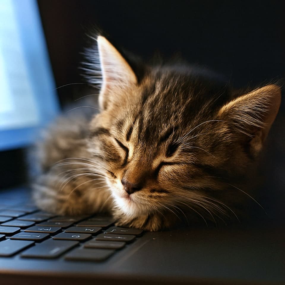 ノートPCのキーボードの上で眠る子猫