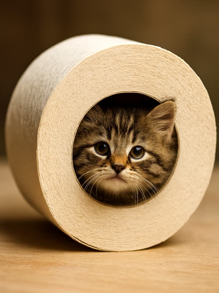 巨大なトイレットペーパーの芯の中にすっぽり収まった子猫