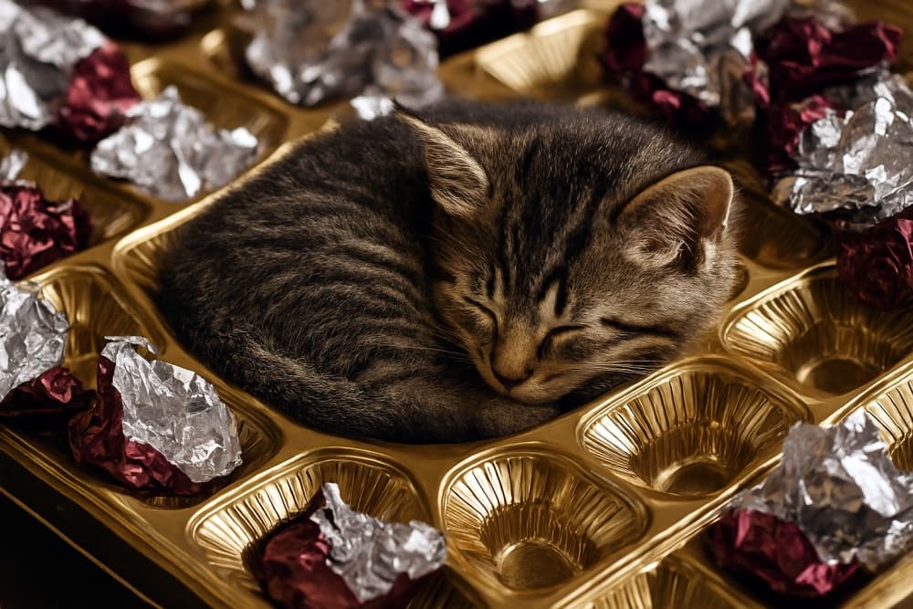 空になったチョコレート箱の一角で眠る子猫